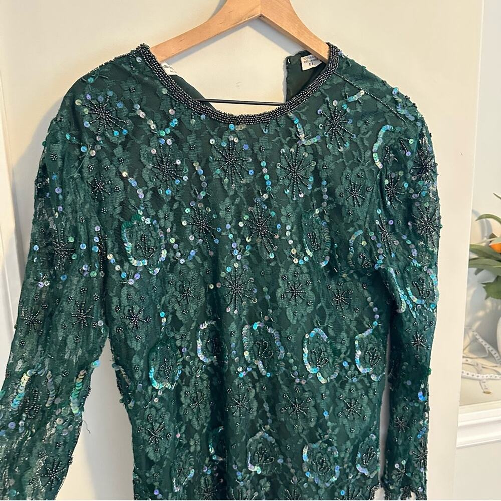 Vintage Laurence Kazar Green Beaded Sequin Shirt and Skirt Set PL - Picture 12 of 16